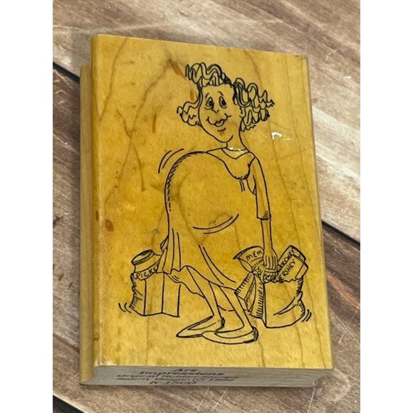 RARE 1996 ART IMPRESSIONS K-1560 PREGNANT LADY SHOPPING WOOD RUBBER STAMP - Picture 1 of 4